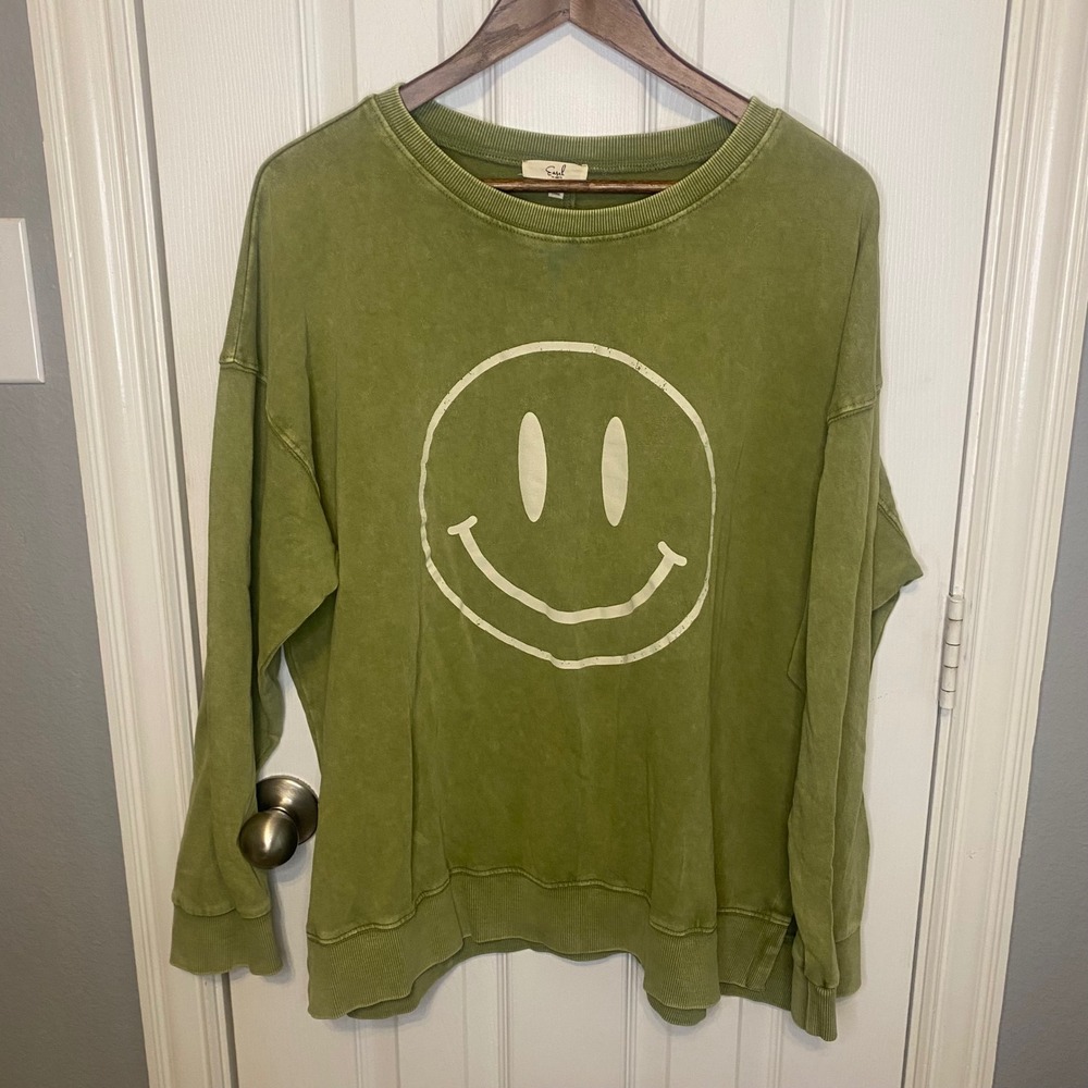 Easel Los Angeles Graphic Sweatshirt 1X Smiley Face Olive Green Relaxed Fit